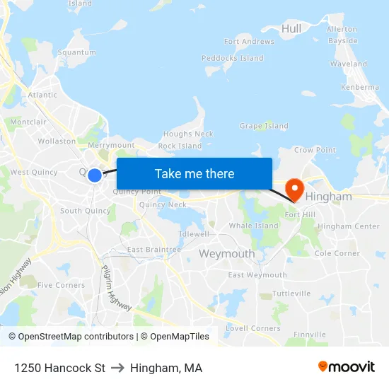 1250 Hancock St to Hingham, MA map