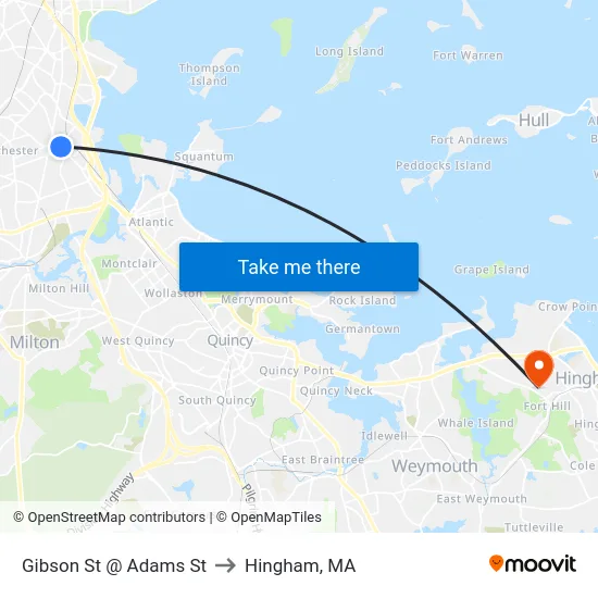 Gibson St @ Adams St to Hingham, MA map