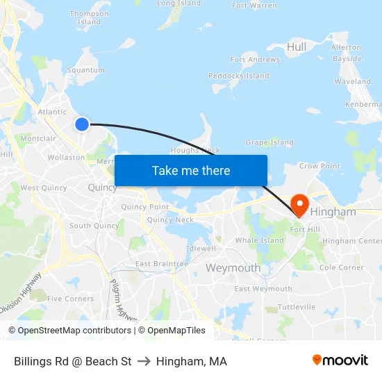 Billings Rd @ Beach St to Hingham, MA map