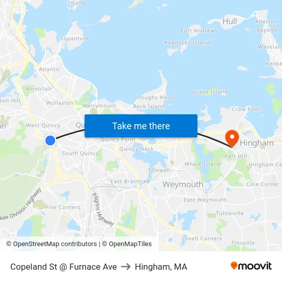 Copeland St @ Furnace Ave to Hingham, MA map