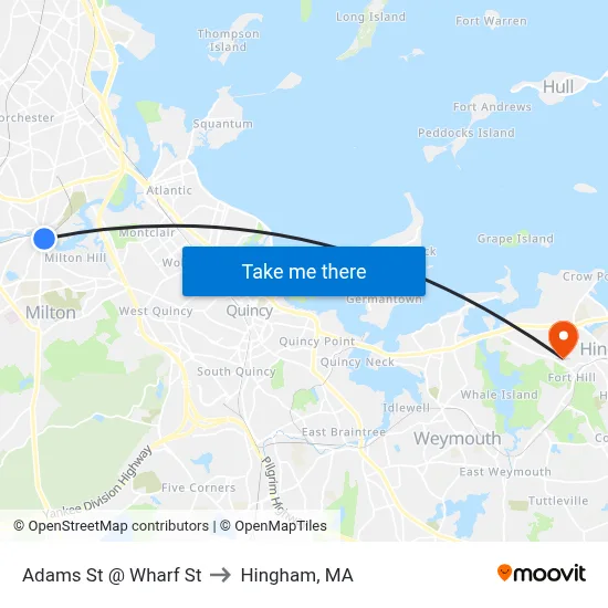 Adams St @ Wharf St to Hingham, MA map