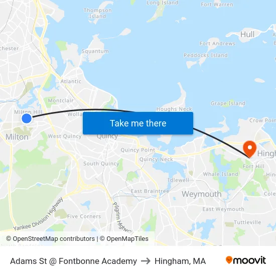 Adams St @ Fontbonne Academy to Hingham, MA map