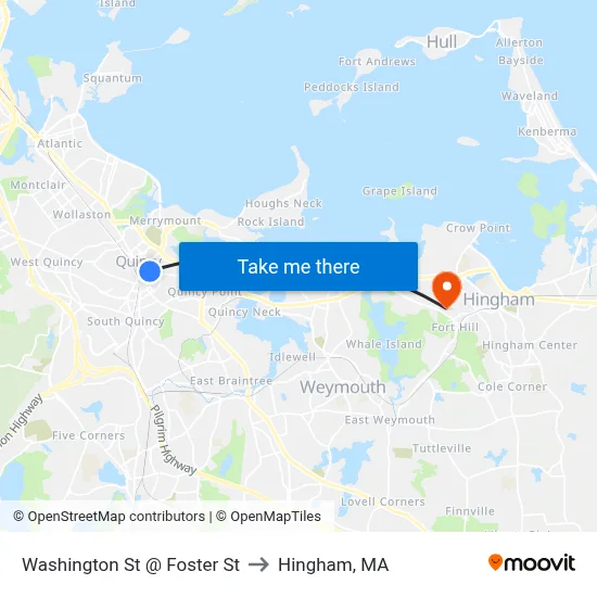 Washington St @ Foster St to Hingham, MA map