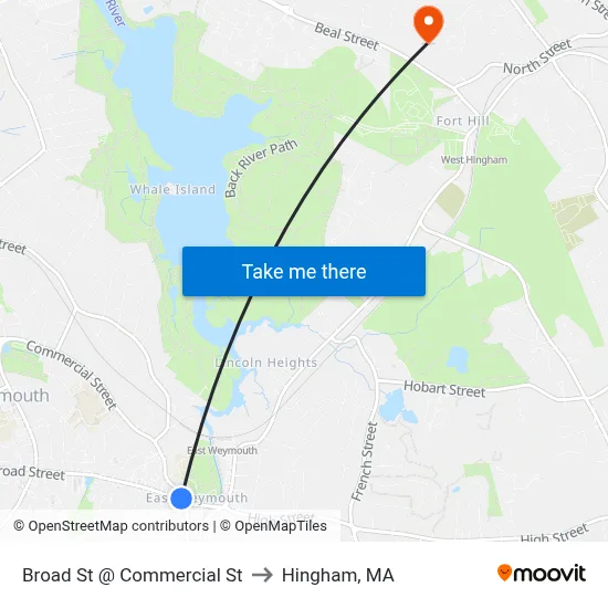 Broad St @ Commercial St to Hingham, MA map