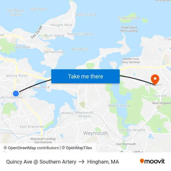 Quincy Ave @ Southern Artery to Hingham, MA map