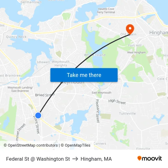 Federal St @ Washington St to Hingham, MA map