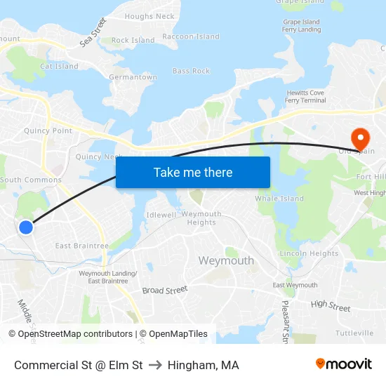 Commercial St @ Elm St to Hingham, MA map