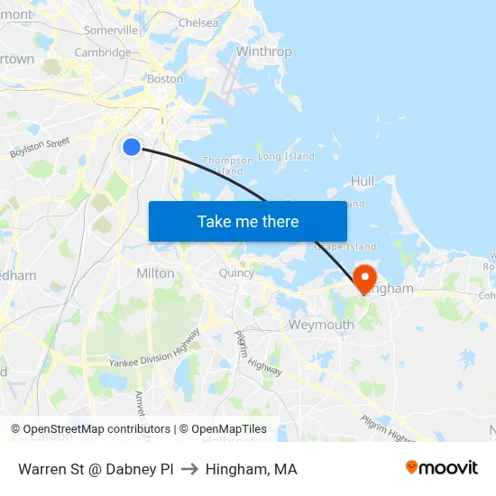 Warren St @ Dabney Pl to Hingham, MA map