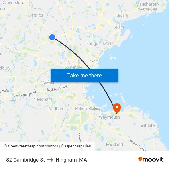 82 Cambridge St to Hingham, MA map