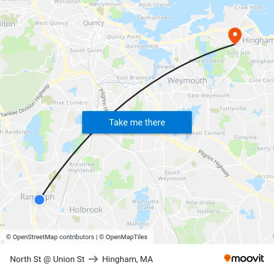 North St @ Union St to Hingham, MA map