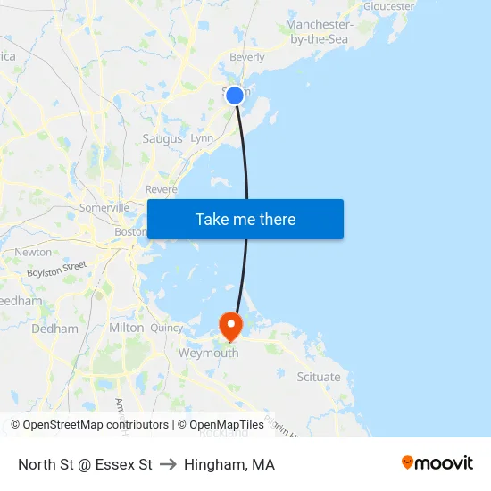 North St @ Essex St to Hingham, MA map