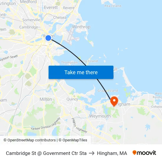 Cambridge St @ Government Ctr Sta to Hingham, MA map