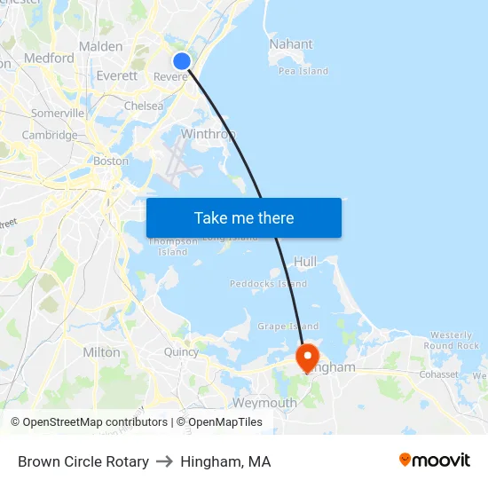 Brown Circle Rotary to Hingham, MA map