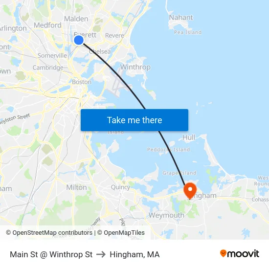 Main St @ Winthrop St to Hingham, MA map