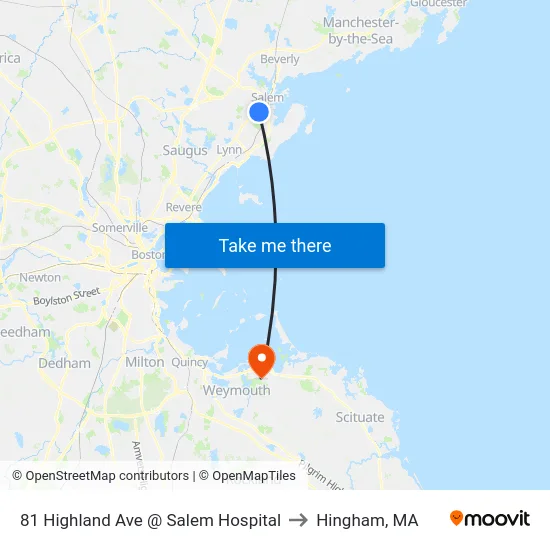 81 Highland Ave @ Salem Hospital to Hingham, MA map