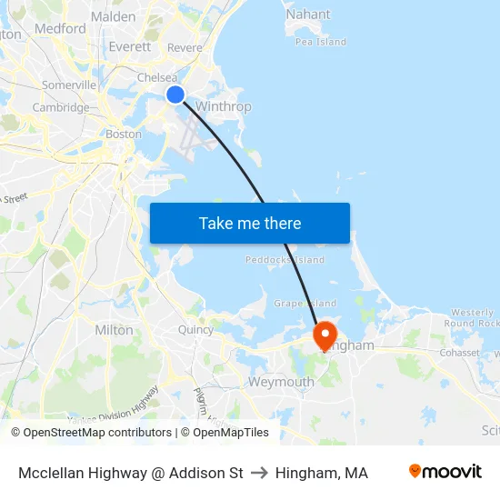 Mcclellan Highway @ Addison St to Hingham, MA map
