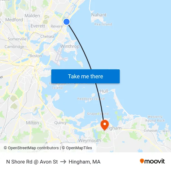 N Shore Rd @ Avon St to Hingham, MA map