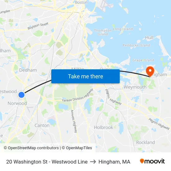 20 Washington St - Westwood Line to Hingham, MA map