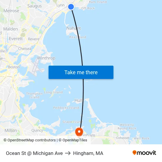 Ocean St @ Michigan Ave to Hingham, MA map