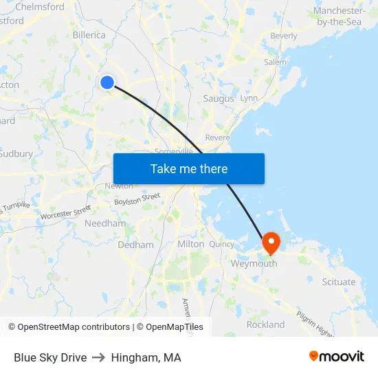 Blue Sky Drive to Hingham, MA map