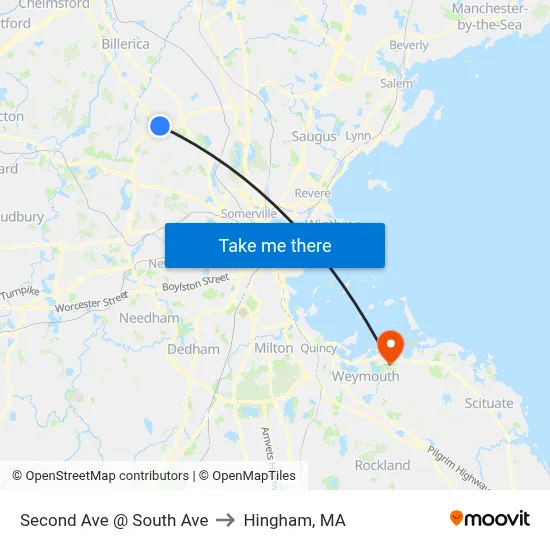 Second Ave @ South Ave to Hingham, MA map