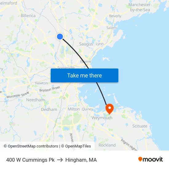 400 W Cummings Pk to Hingham, MA map