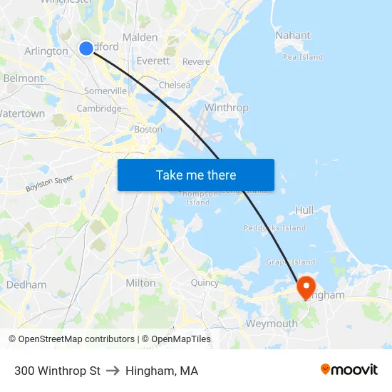 300 Winthrop St to Hingham, MA map