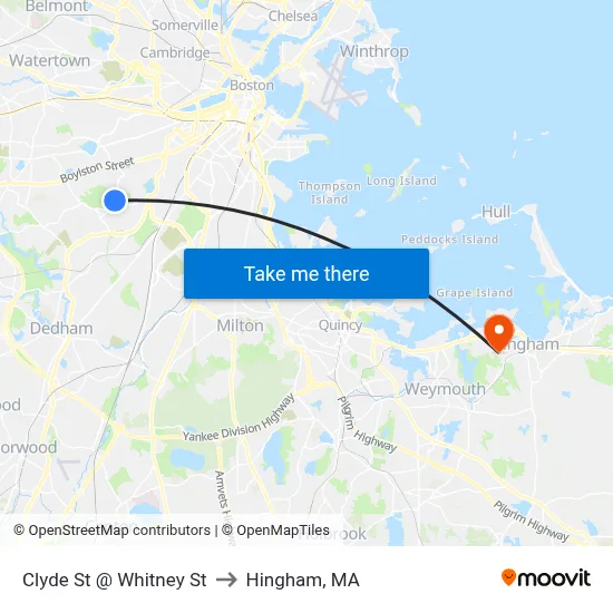 Clyde St @ Whitney St to Hingham, MA map