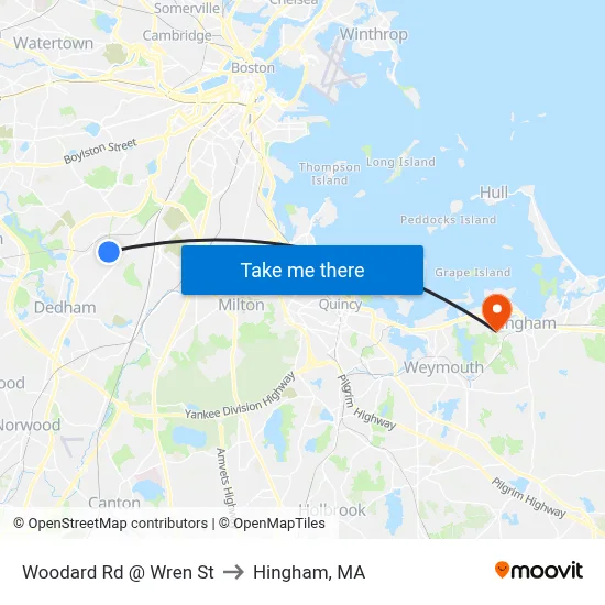 Woodard Rd @ Wren St to Hingham, MA map
