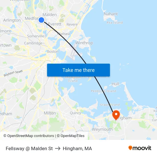Fellsway @ Malden St to Hingham, MA map