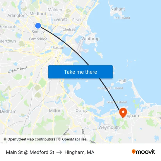 Main St @ Medford St to Hingham, MA map