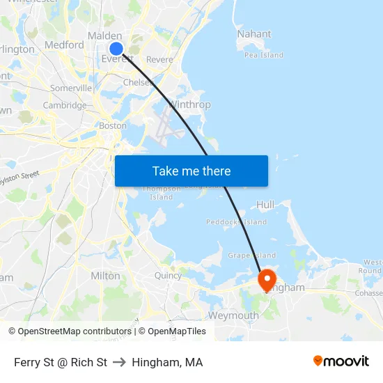 Ferry St @ Rich St to Hingham, MA map
