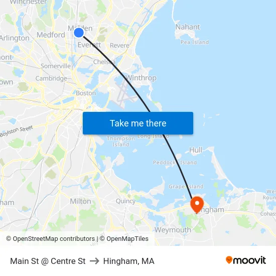 Main St @ Centre St to Hingham, MA map