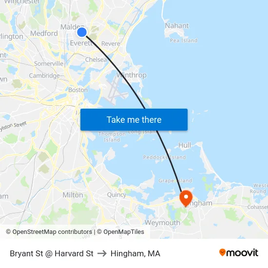 Bryant St @ Harvard St to Hingham, MA map