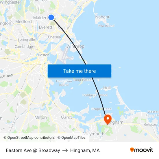 Eastern Ave @ Broadway to Hingham, MA map