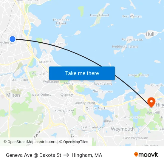 Geneva Ave @ Dakota St to Hingham, MA map
