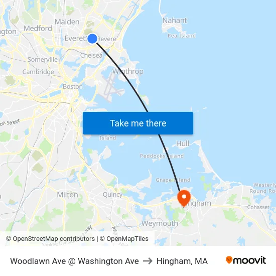 Woodlawn Ave @ Washington Ave to Hingham, MA map