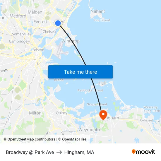 Broadway @ Park Ave to Hingham, MA map