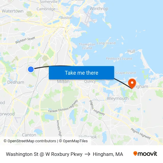 Washington St @ W Roxbury Pkwy to Hingham, MA map