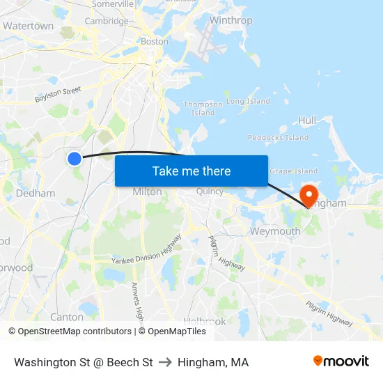 Washington St @ Beech St to Hingham, MA map