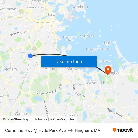 Cummins Hwy @ Hyde Park Ave to Hingham, MA map
