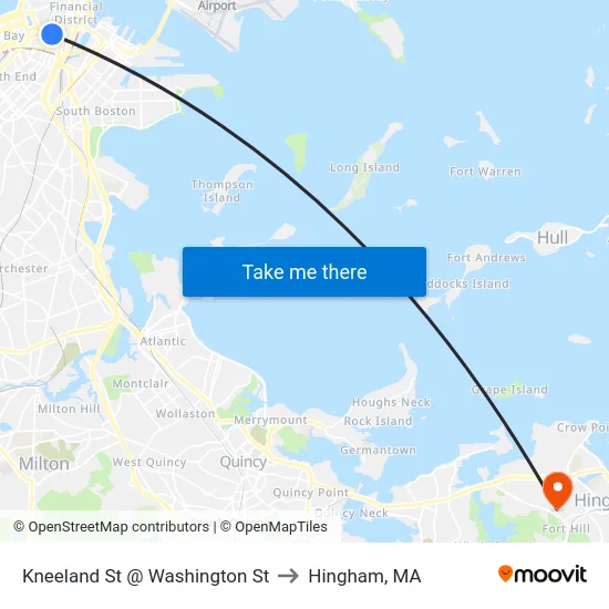 Kneeland St @ Washington St to Hingham, MA map