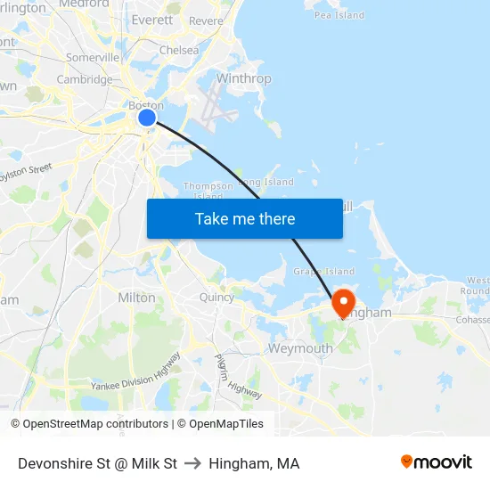 Devonshire St @ Milk St to Hingham, MA map
