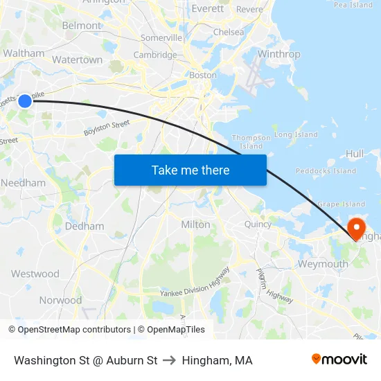 Washington St @ Auburn St to Hingham, MA map