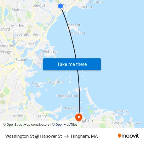 Washington St @ Hanover St to Hingham, MA map
