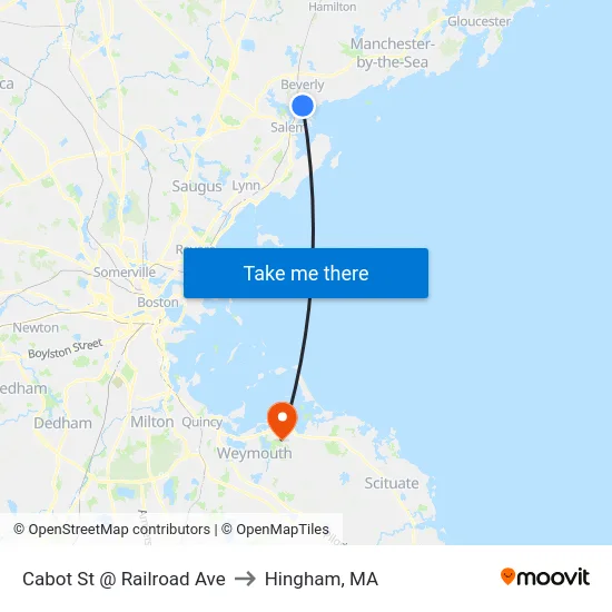 Cabot St @ Railroad Ave to Hingham, MA map