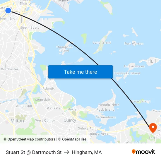 Stuart St @ Dartmouth St to Hingham, MA map