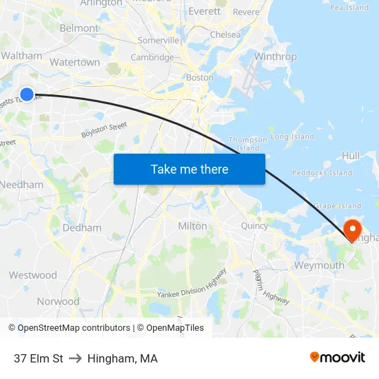 37 Elm St to Hingham, MA map