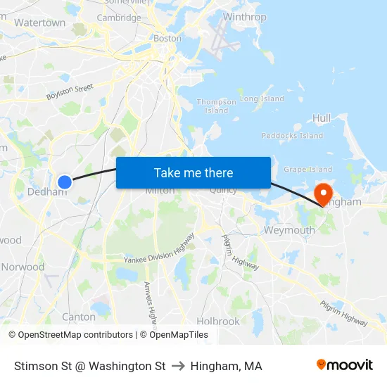 Stimson St @ Washington St to Hingham, MA map