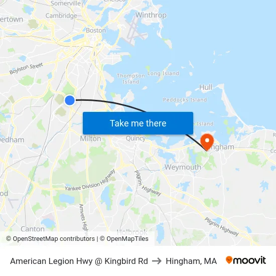 American Legion Hwy @ Kingbird Rd to Hingham, MA map